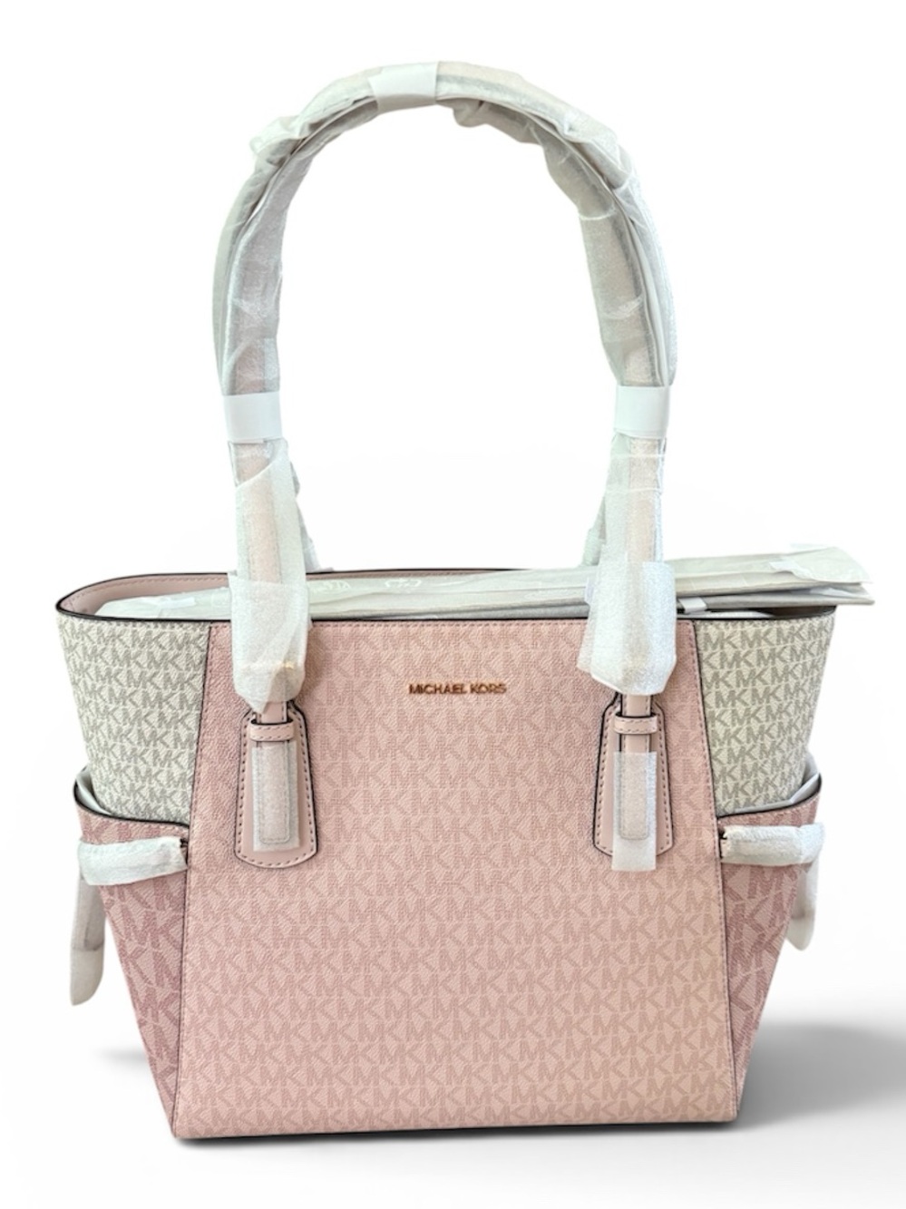 Michael Kors Voyager Signature Color Block Blush Pink and Cream Large Tote